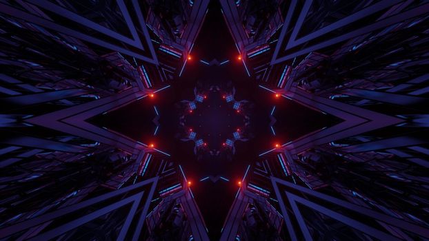 Symmetric 3D illustration of abstract background of dark star shaped tunnel with red lights