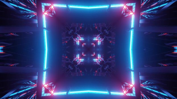 Symmetric 3D illustration of pink and blue neon lights forming square ornament in futuristic tunnel