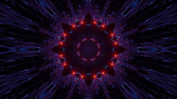 Dark 3D illustration of symmetric star shaped ornament with small red lines forming abstract tunnel