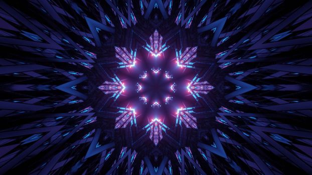 3D illustration of abstract snowflake shaped ornament glowing with pink and blue lights