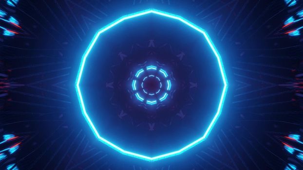 Symmetric 3D illustration of bright blue neon lines forming circles in geometric tunnel