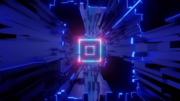 Creative design of 3D illustration representing modern square shaped endless hallway with glowing blue light
