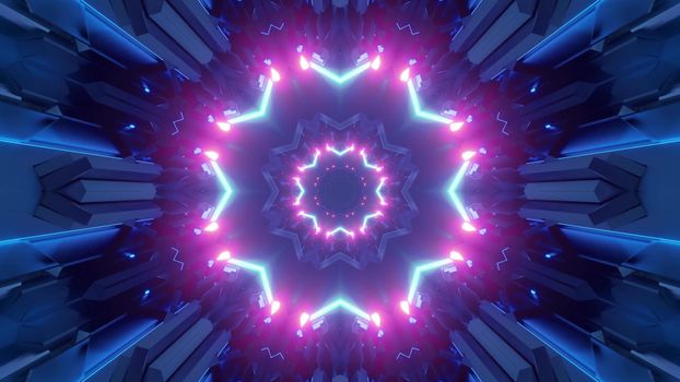 Creative design of abstract 3D illustration of endless hallway with fantastic ornament and colorful beams