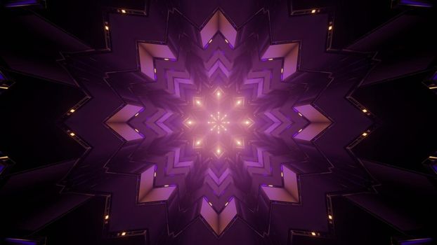 3D illustration of symmetric purple kaleidoscope ornament with purple lines as abstract background