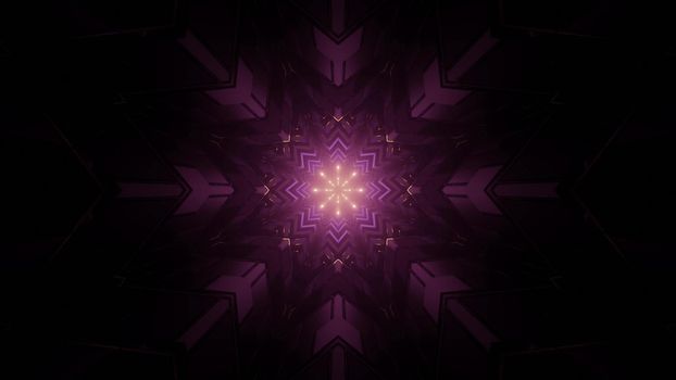 3D illustration of multifaceted star shaped pattern with purple lights in dark tunnel as abstract background
