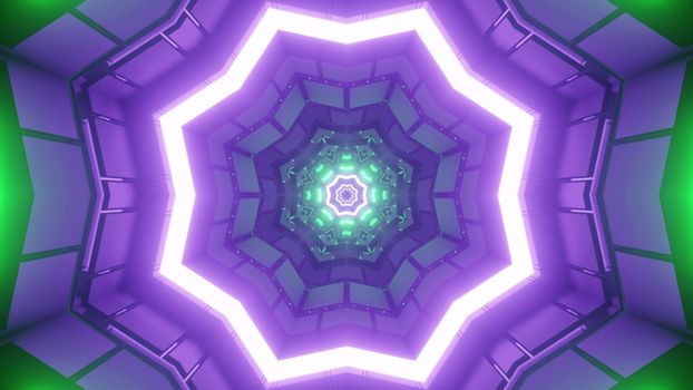 3D illustration of bright labyrinth with neon purple and green lights forming symmetric geometric pattern