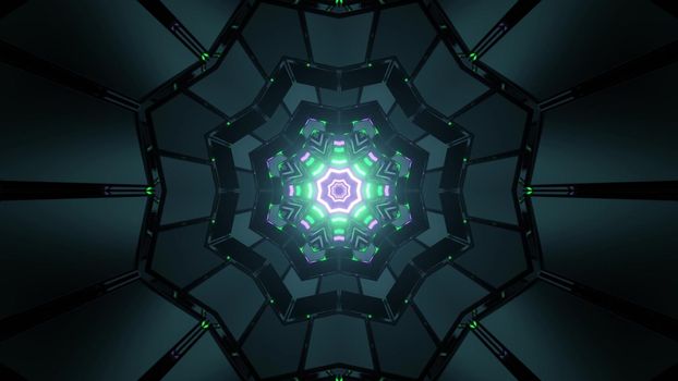 3D illustration of dark labyrinth with symmetric cells and colorful glowing snowflake shaped pattern