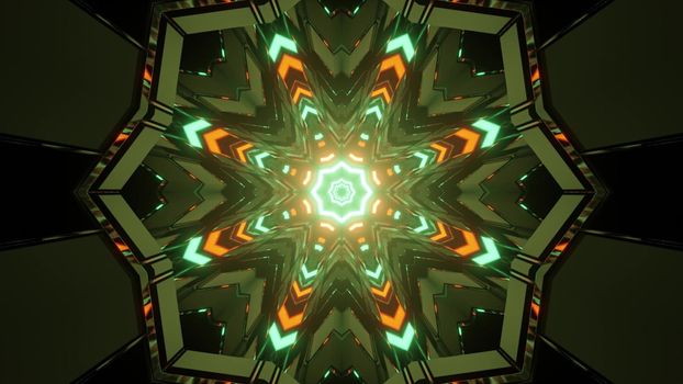3D illustration of kaleidoscopic cells forming symmetric pattern with glowing multicolored lights in motion