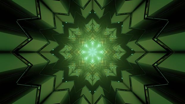 3D illustration of dark tunnel with kaleidoscope snowflake shaped geometric pattern with symmetric rays as abstract background