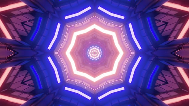 3D illustration of bright neon lamps glowing in dark tunnel and forming abstract symmetric background