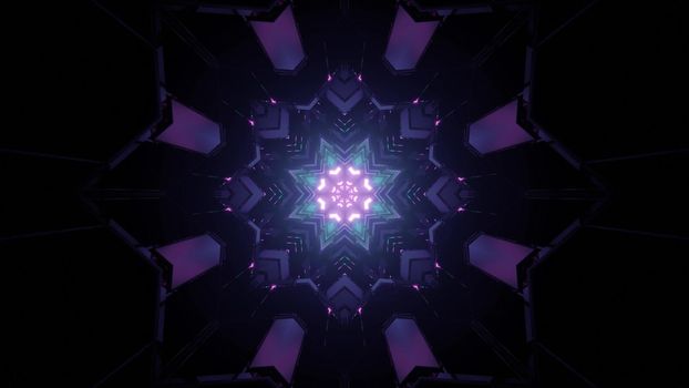 3D illustration of star shaped ornamental pattern glowing in dark tunnel as abstract background