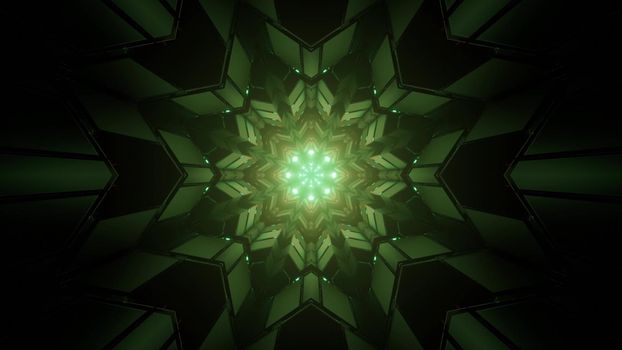 3D illustration of green symmetric geometric figures forming kaleidoscope fractal pattern in dark tunnel