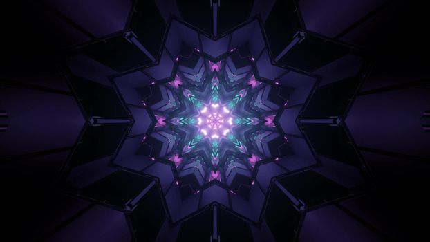 3D illustration of sharp geometric figures forming multifaceted star shaped kaleidoscope ornament with shiny neon lights in darkness