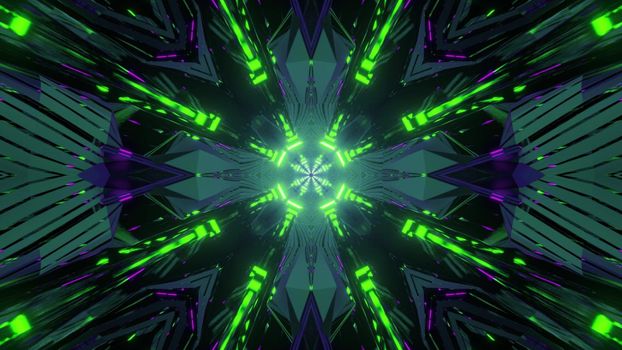 Kaleidoscopic background with colorful neon green illumination of 3d illustration moving in tunnel