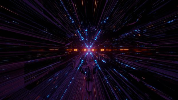 Rays of neon lights crisscrossing in dark moving tunnel of art 3d illustration