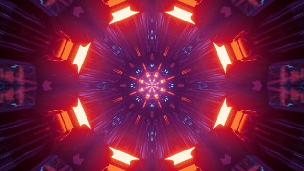 Abstract background with colorful neon kaleidoscope glowing in moving tunnel of 3d illustration