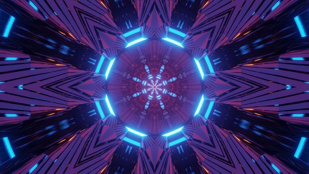 Abstract geometrical background with glowing blue neon illumination of 3d illustration with moving tunnel