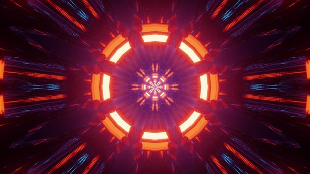 Neon lights reflecting in dark dynamic tunnel forming vivid bright art 3d illustration