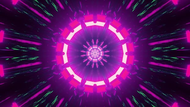 Abstract 3d illustration with shiny purple neon kaleidoscope in motion of dark tunnel