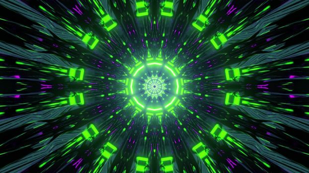 Round shaped abstract 3d illustration with bright moving neon lights in reflecting tunnel
