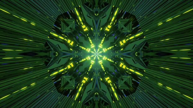 3d illustration of vivid glowing green neon lines in tunnel motion in fi art style