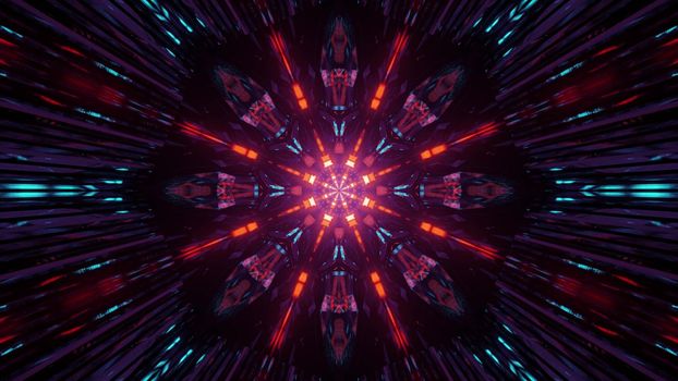 Bright glowing neon lights of abstract art 3d illustration of dynamic shiny tunnel