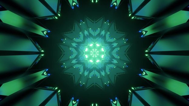 Kaleidoscopic 3d illustration of green poly angular pattern forming abstract spherical tunnel on black background