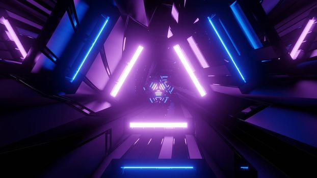3D illustration of dark labyrinth with abstract neon lamps forming futuristic pattern as background