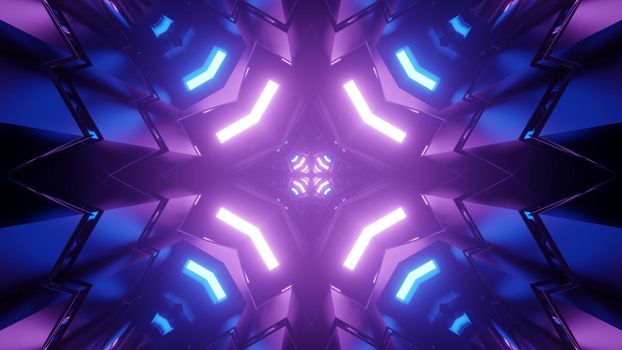 Kaleidoscope ornament with bright blue and purple futuristic neon lights reflecting in symmetric figures in 3D illustration