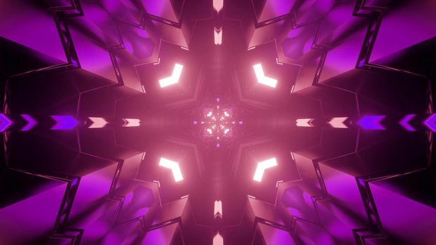 3D illustration of dark labyrinth with purple neon lights reflecting in geometric figures and forming fractal pattern