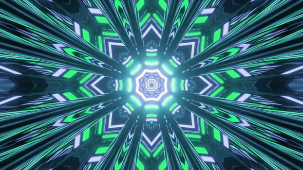 Creative kaleidoscopic snowflake shaped pattern with bright lights in motion in 3D illustration