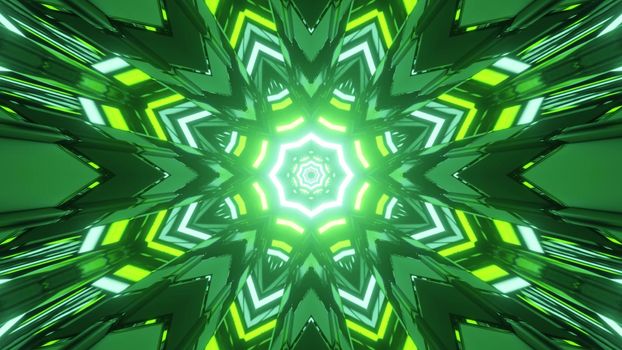 Kaleidoscopic pattern with bright yellow and green neon lights reflecting in symmetric lines in 3D illustration