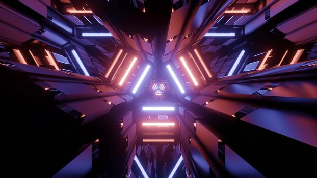 3D illustration of futuristic figures of different shapes reflecting bright neon illumination as abstract background