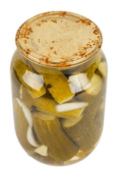 pickles marinade in glass jar with rusted cap isolated on white background.