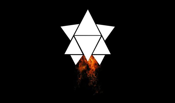rocket made of triangles, burning flame on dark