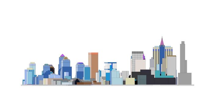 colorful (multicolored) Big city skyline in white isolated background (cut-outs)