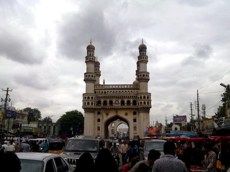 Bhusawal, INDIA - Feb 13, 2021: Hyderabad's Charminar view from the road with a clear sky.