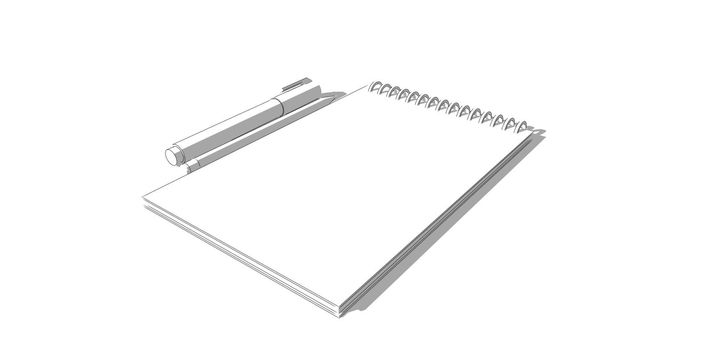 spiral Diary or sketchbook with pen and pencil on white isolated background with shadow, design with sketchy pencil lines, view with an angle