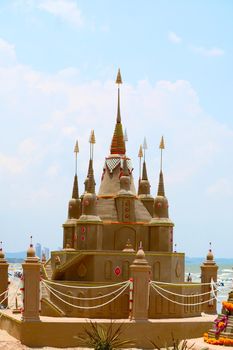 The Royal sand pagoda in Songkran festival represents In order to take the sand scraps attached to the feet from the temple to return the temple in the shape of a sand pagoda