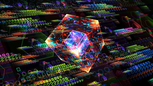 Quantum computer core futuristic technology digital layer dimension holographic process and analysis for big data and abstract orange zone polygon background