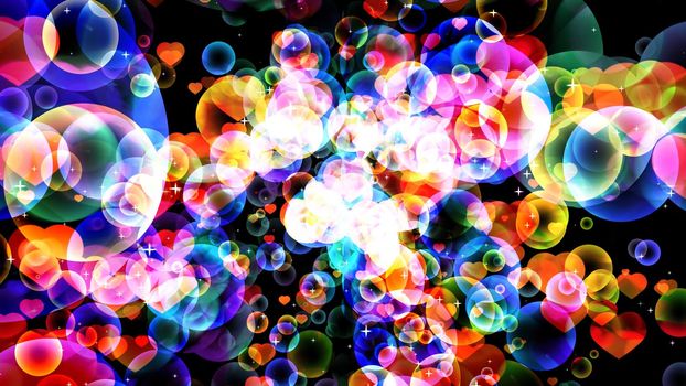 abstract dimension rainbow bubbles with hearts floating on black screen with white star theme valentine day and love concept background
