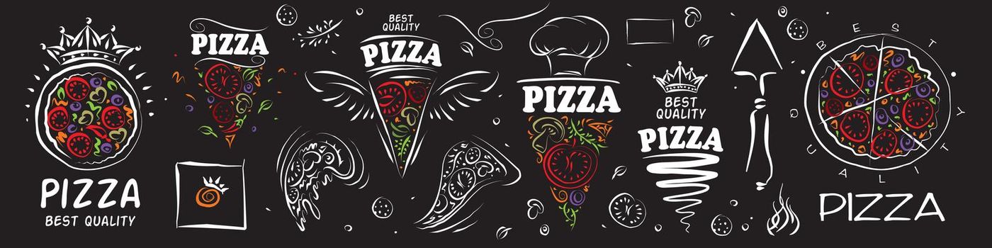 Set of vector pizza logos on black background.