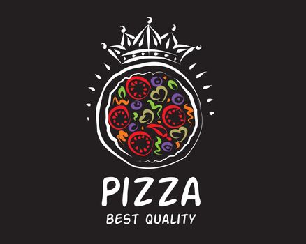 Hand drawn vector pizza logo on black background.