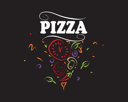 Hand drawn vector pizza logo on black background.