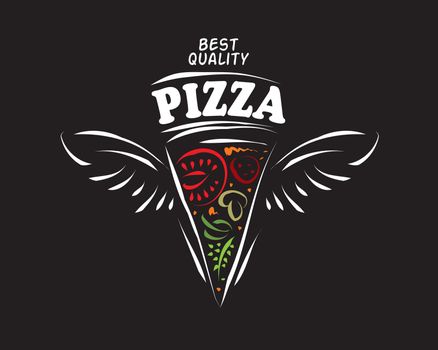 Hand drawn vector pizza logo on black background.