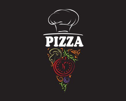 Hand drawn vector pizza logo on black background.