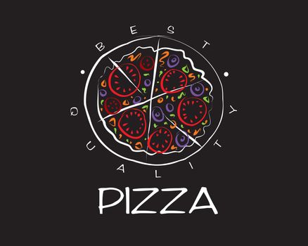 Hand drawn vector pizza logo on black background.