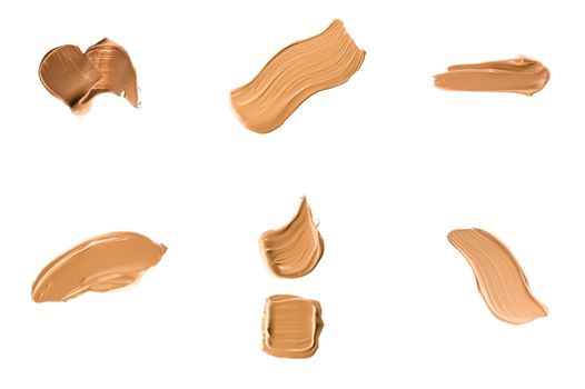 Liquid foundation smudges, smears and strokes as makeup textures isolated on white background, beauty and cosmetics set