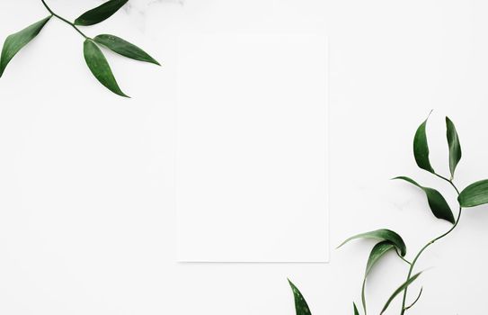 Blank white card, green leaves on white background as botanical frame flatlay, wedding invitation and holiday branding, flat lay design concept