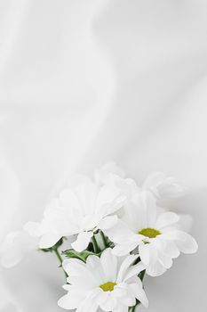 White daisy flowers on silk fabric as bridal flatlay background, wedding invitation and holiday branding, flat lay design concept